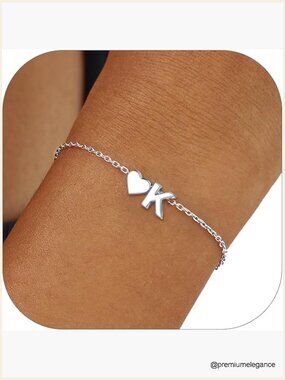 Sterling Silver Initial Heart Bracelet Dainty Personalized Women Jewelry